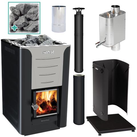 Harvia PRO 20 Deluxe Wood Burning Stove Kit in Stainless Steel or Black