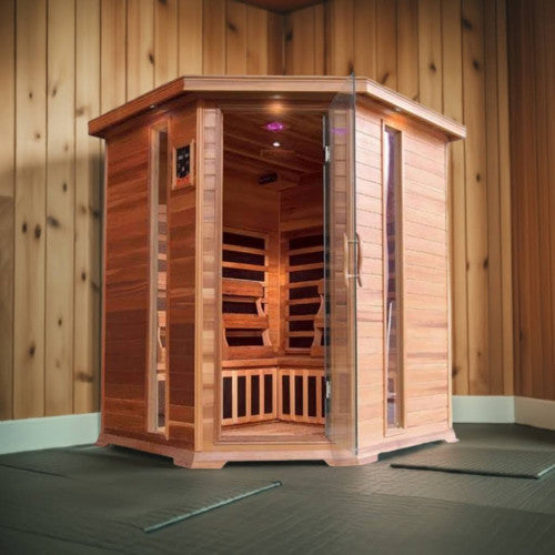 Sunray Sauna "Bristol Bay" 4-Person Indoor Corner Infrared Sauna - Red Cedar Wood