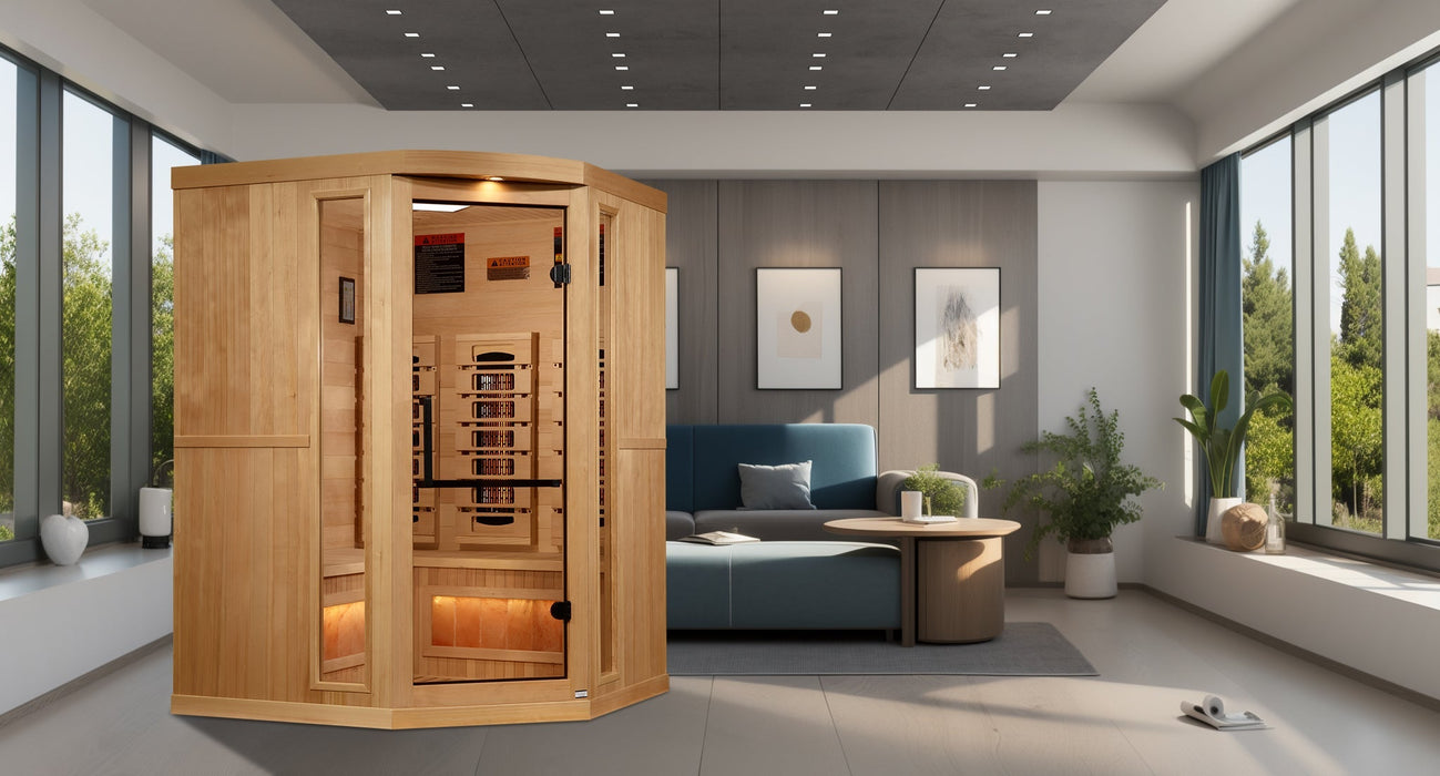 Golden Designs 2025 Model - "Reserve Edition" 3-Person Corner Full Spectrum PureTech™ Near Zero EMF FAR Infrared Sauna with Himalayan Salt Bar (GDI-8035-03)