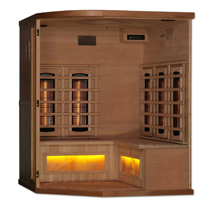 Golden Designs "Reserve Edition" 3-Person Indoor Full Spectrum EMF PureTech™ Near Zero EMF FAR Infrared Sauna w/ Himalayan Salt Bar - Corner Unit (GDI-8035-02)