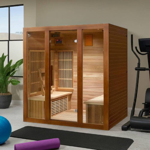 Sunray Sauna "Roslyn" 4-Person Indoor Infrared Sauna - Red Cedar with Side Bench Seating