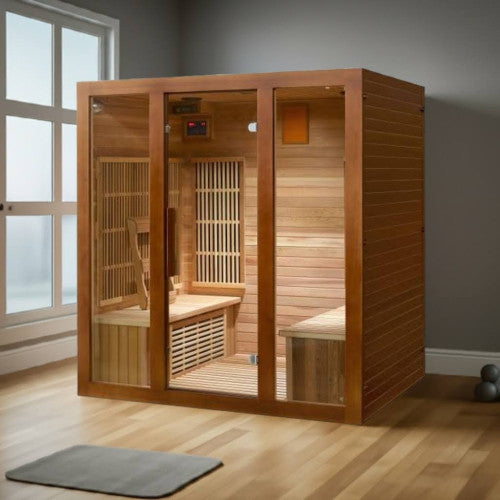 Sunray Sauna "Roslyn" 4-Person Indoor Infrared Sauna - Red Cedar with Side Bench Seating