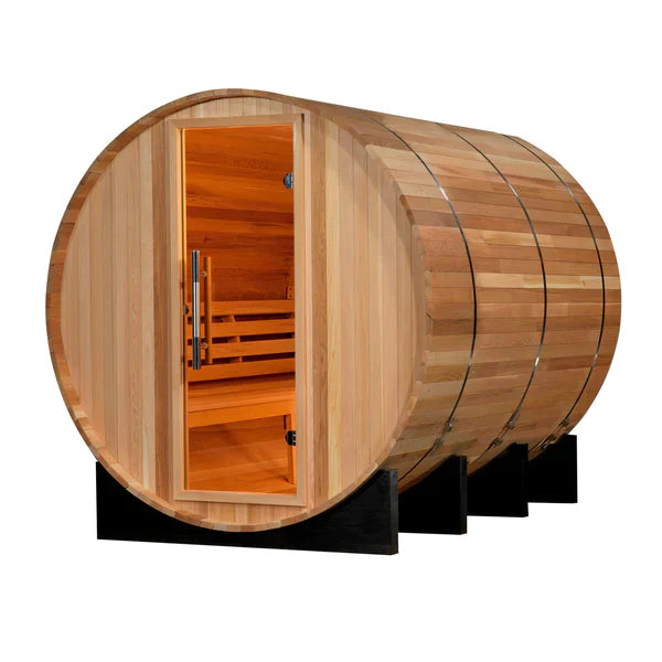 Golden Designs 2022 Model - "Uppsala" 4-Person Barrel Traditional Steam Sauna - Canadian Red Cedar (GDI-SJ-2004-CED)